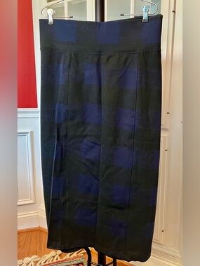 Melissa McCarthy Seven7 Black and Blue Plaid Midi Skirt